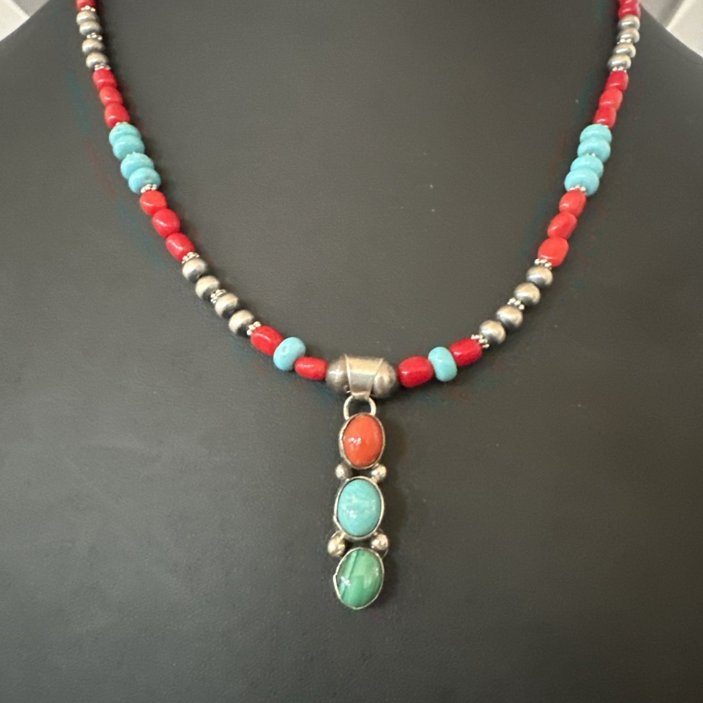 Multicolor Turquoise Coral Navajo Sterling Silver Cluster Pendant Necklace 19654