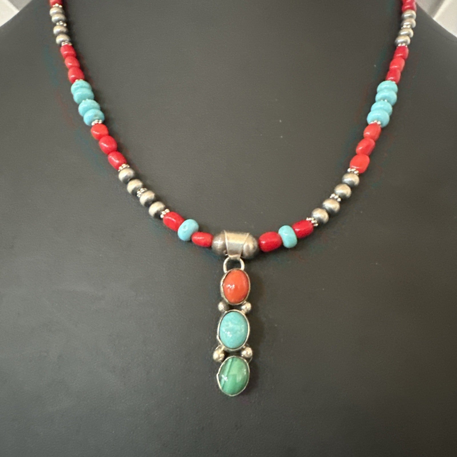 Multicolor Turquoise Coral Navajo Sterling Silver Cluster Pendant Necklace 19654