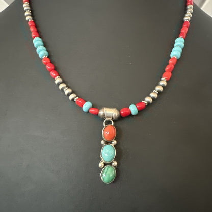 Multicolor Turquoise Coral Navajo Sterling Silver Cluster Pendant Necklace 19654