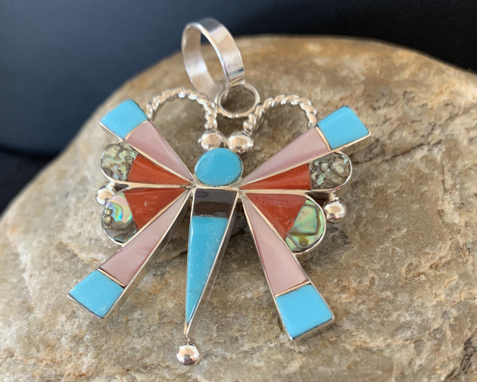 Turquoise Spiny & Mother Of Pearls Butterfly Sterling Silver Pin Pendant 01366