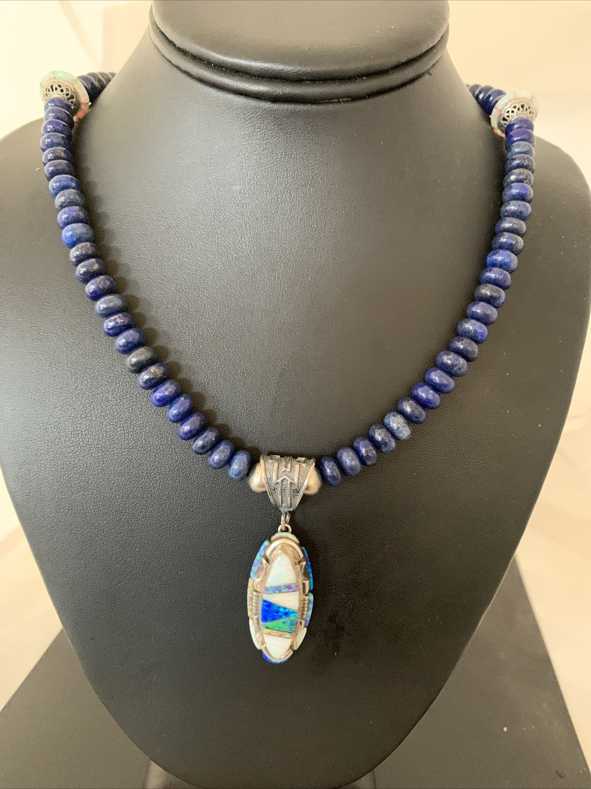 Navajo Sterling Silver Necklace Lapis Opal Pendant Native American 19491