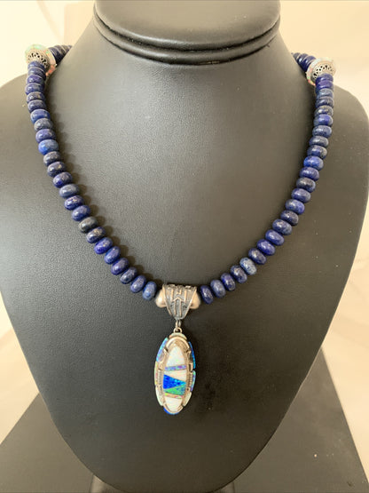Navajo Sterling Silver Necklace Lapis Opal Pendant Native American 19491