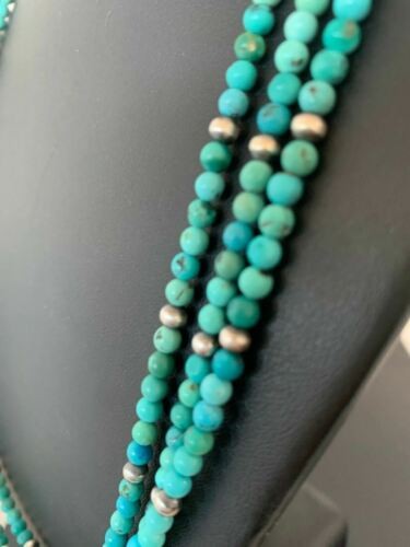 Navajo Blue Turquoise 4mm Bead 3 Strand Necklace Sterling Silver 4827