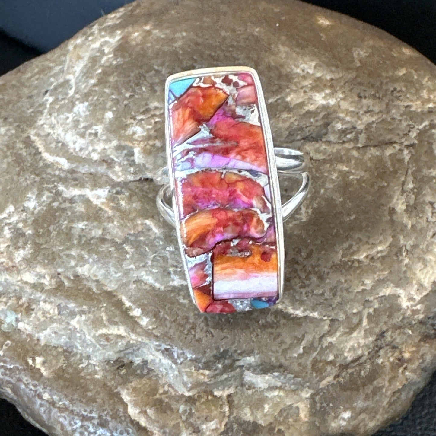 Blue Turquoise Purple Spiny Oyster Navajo Sterling Silver Ring Size 8 18218