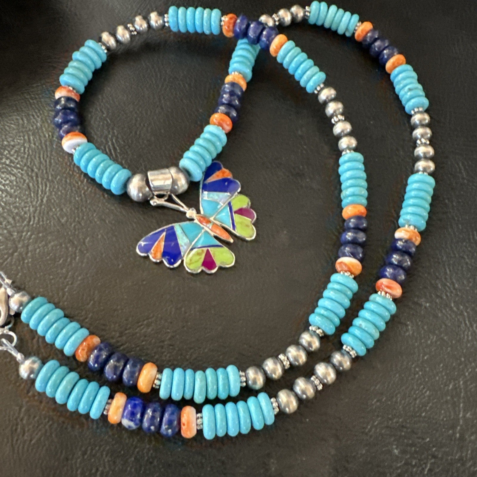 Butterfly Multicolor Turquoise Pendant Navajo Sterling Silver Necklace 19652