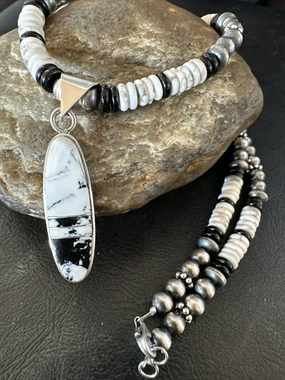 White Buffalo Turquoise Navajo Pearls Sterling Silver Onyx Necklace 17804
