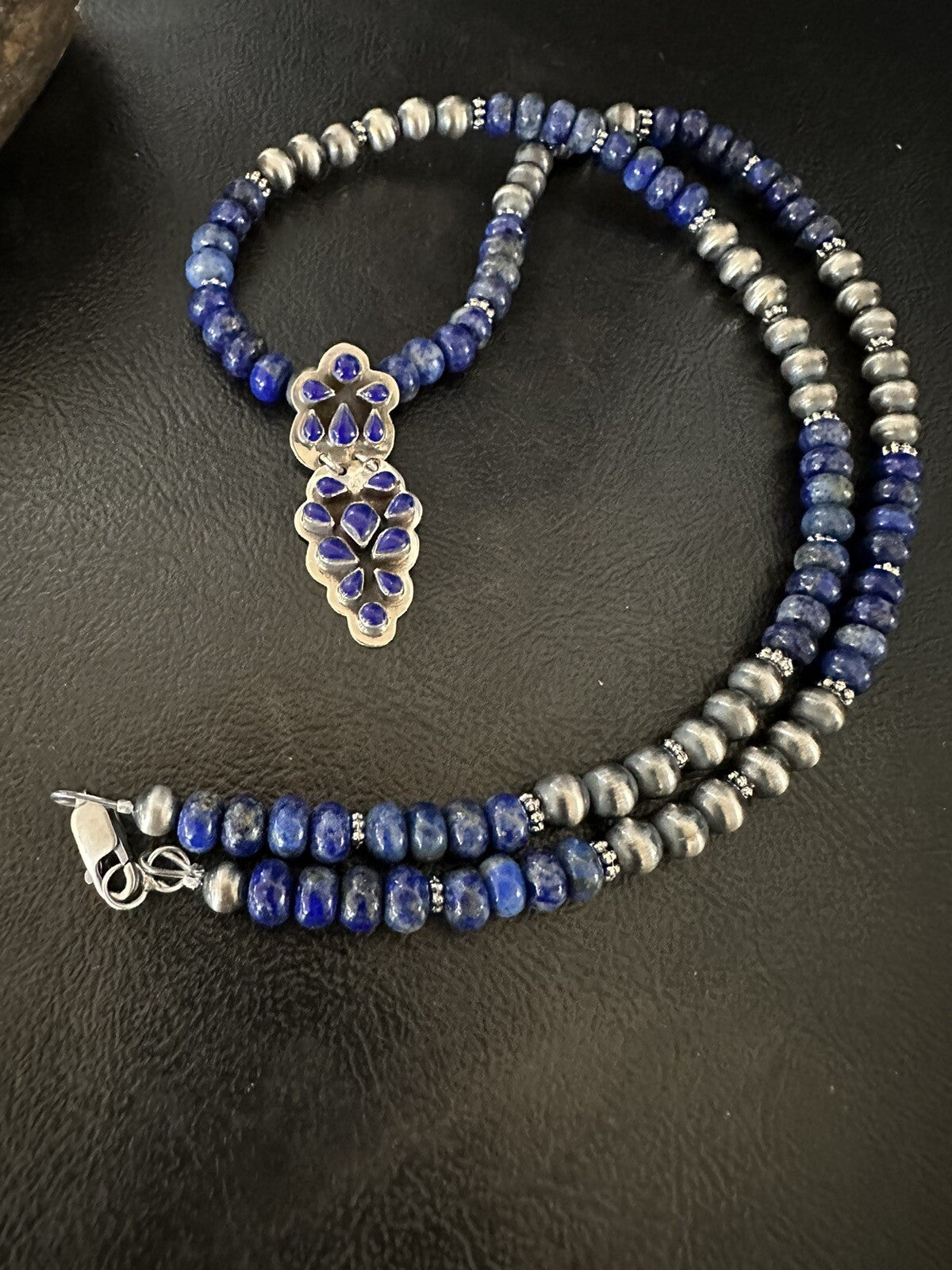 Mens Womens Blue Lapis Navajo Sterling Silver Cluster Pendant Necklace 21”18340