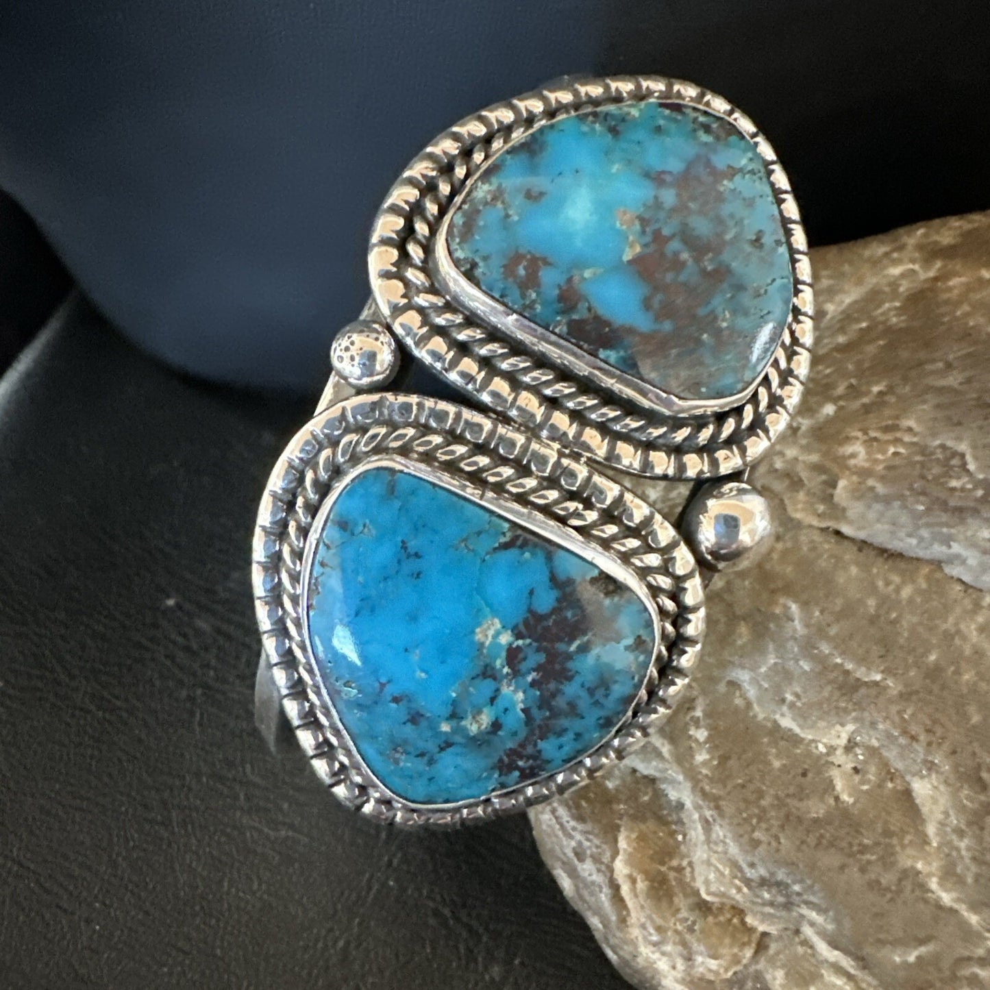 Navajo Blue TURQUOISE Stamped 2 Stone Sterling Silver Cuff Bracelet 8.25" 18717