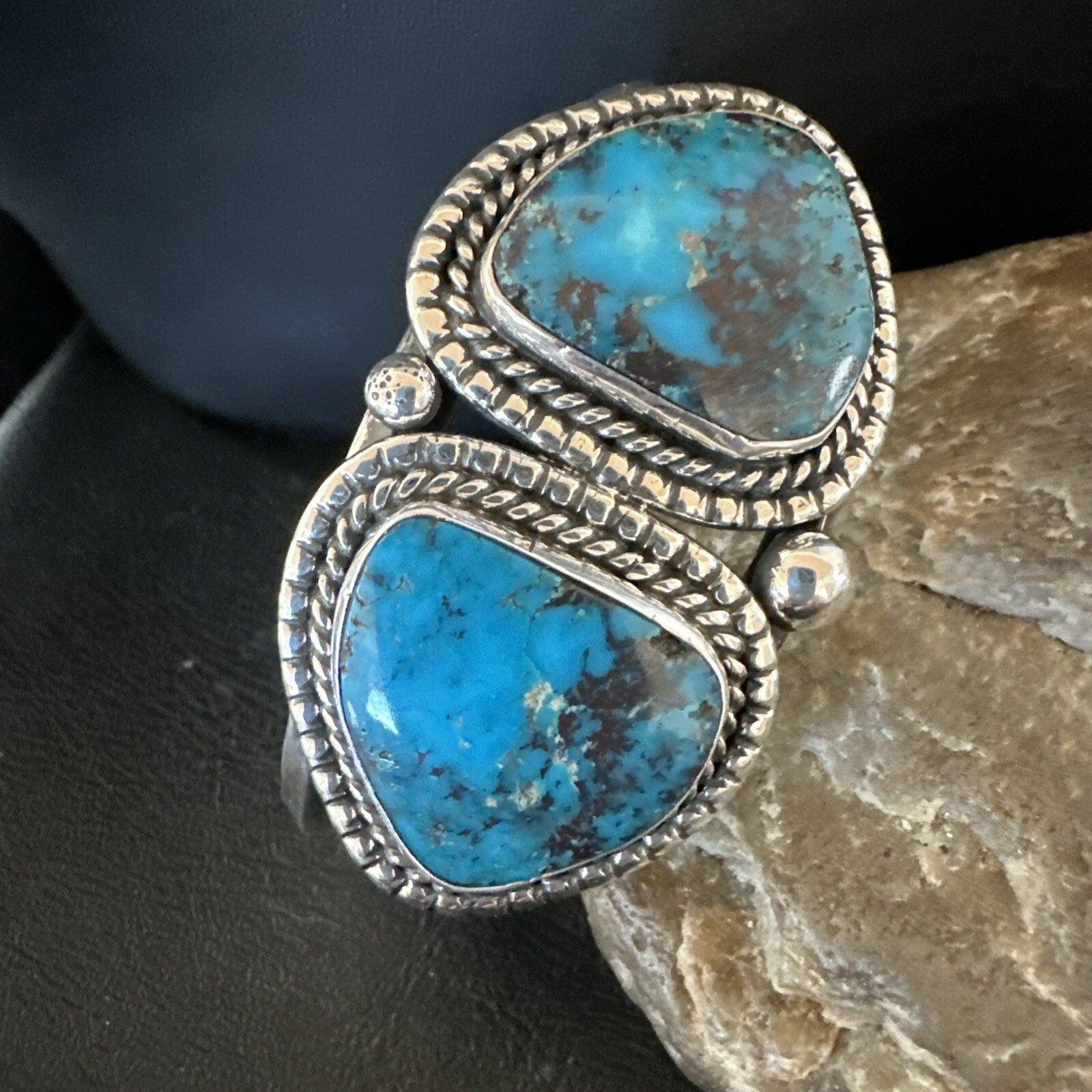 Navajo Blue TURQUOISE Stamped 2 Stone Sterling Silver Cuff Bracelet 8.25" 18717
