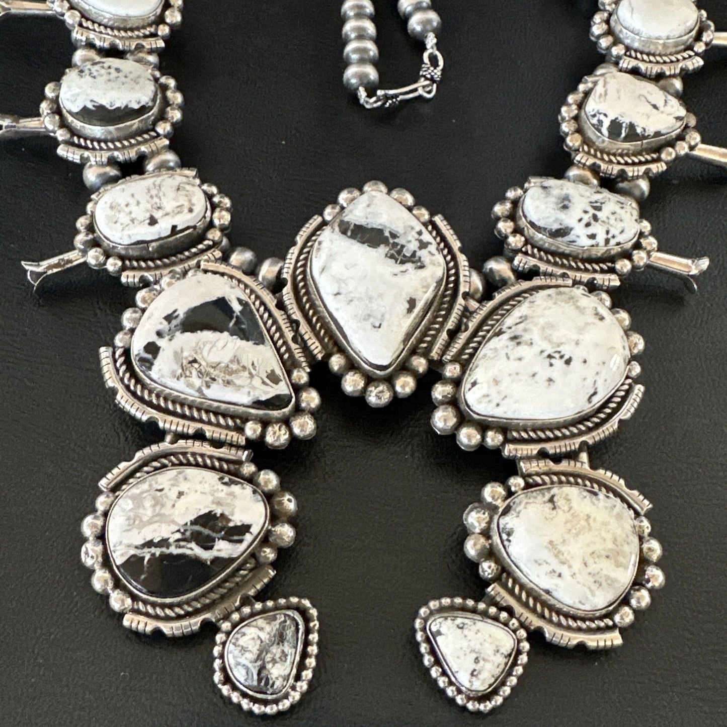 White Buffalo Turquoise Pendant Navajo Sterling Silver Squash Necklace 19305