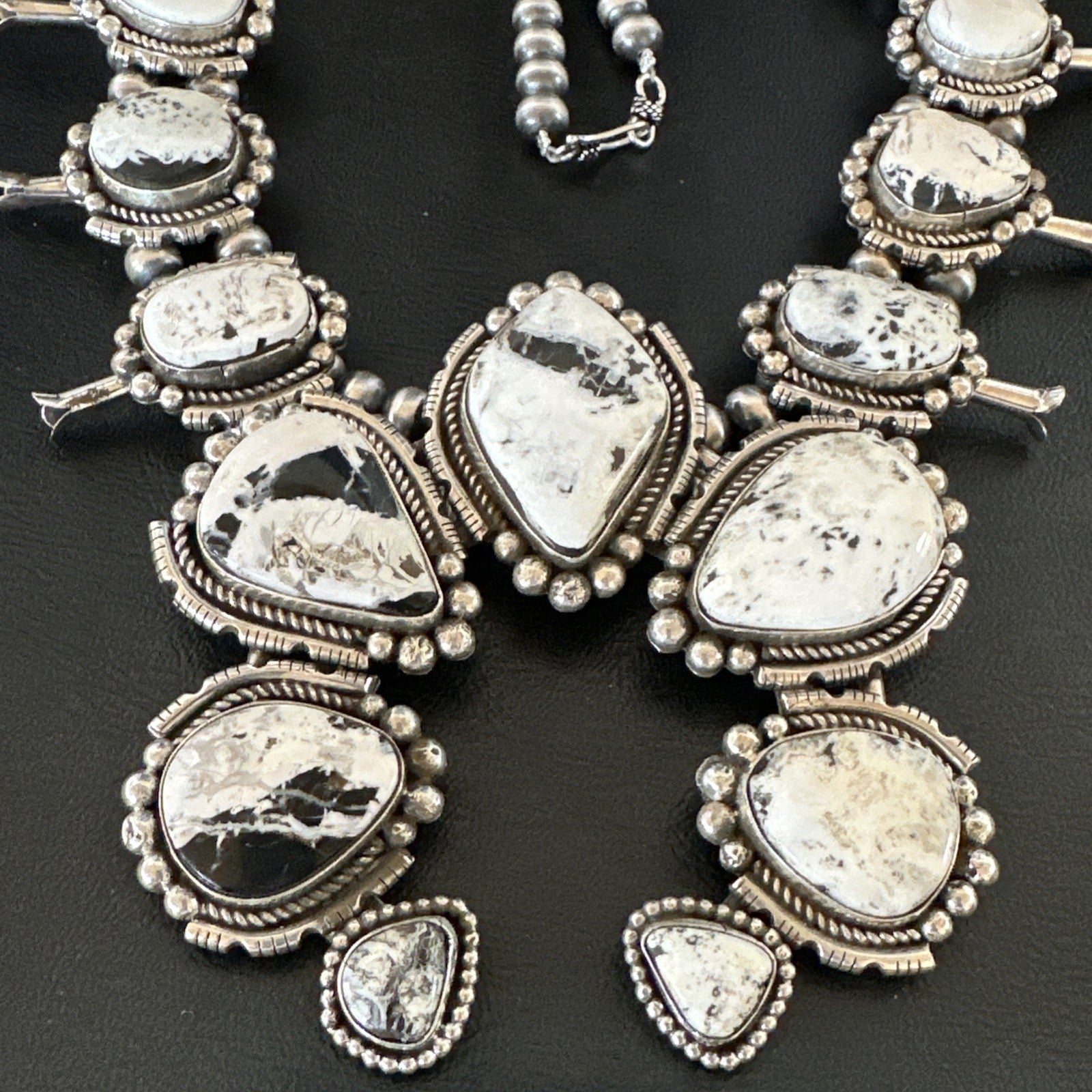 White Buffalo Turquoise Pendant Navajo Sterling Silver Squash Necklace 19305