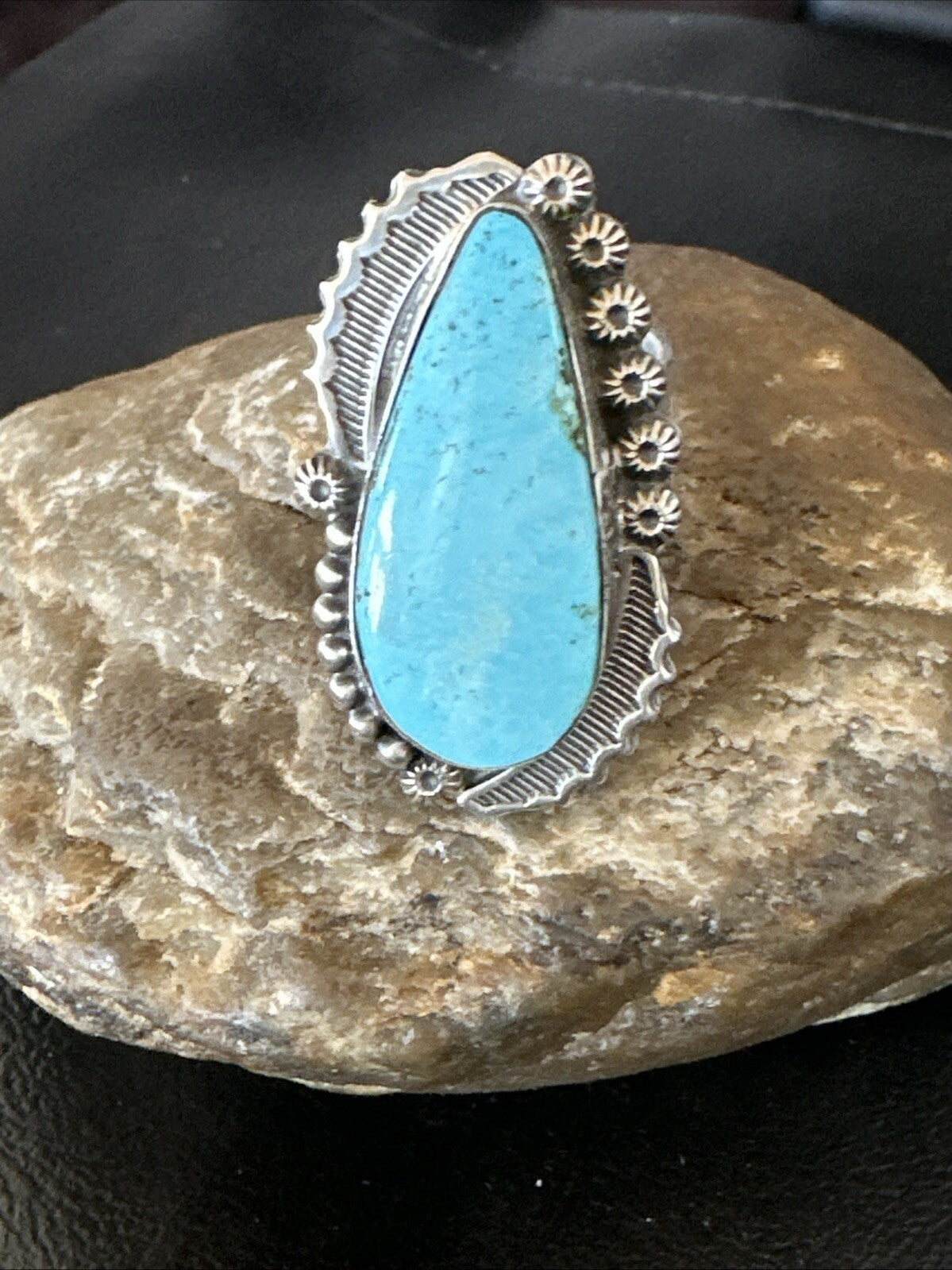 Navajo Sterling Silver Blue Kingman Turquoise Adjustable Ring Sz 7 18772