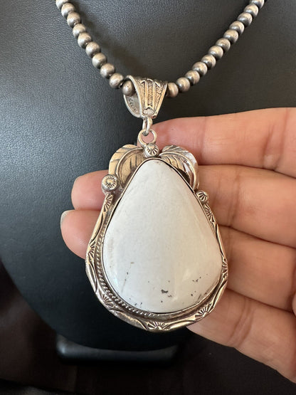 Mens White Buffalo Turquoise Pendant Sterling Silver Beads Necklace 18310