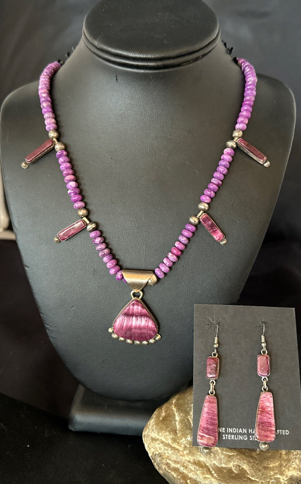 Purple Stone Spiny Oyster Sterling Silver Necklace Earrings 20” 19088 J B