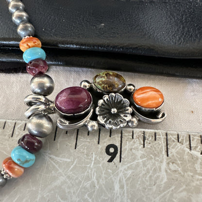 Multicolor Turquoise Spiny Navajo Sterling Silver Cluster Pendant Necklace 19640