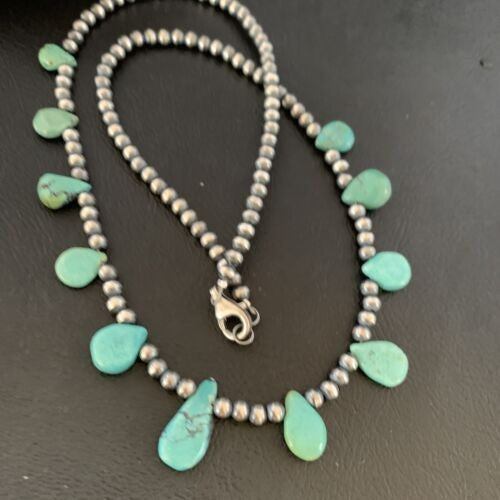 Navajo Pearls Necklace Sterling Silver Blue Turquoise Teardrop 13158