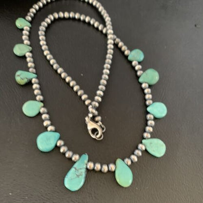 Navajo Pearls Necklace Sterling Silver Blue Turquoise Teardrop 13158