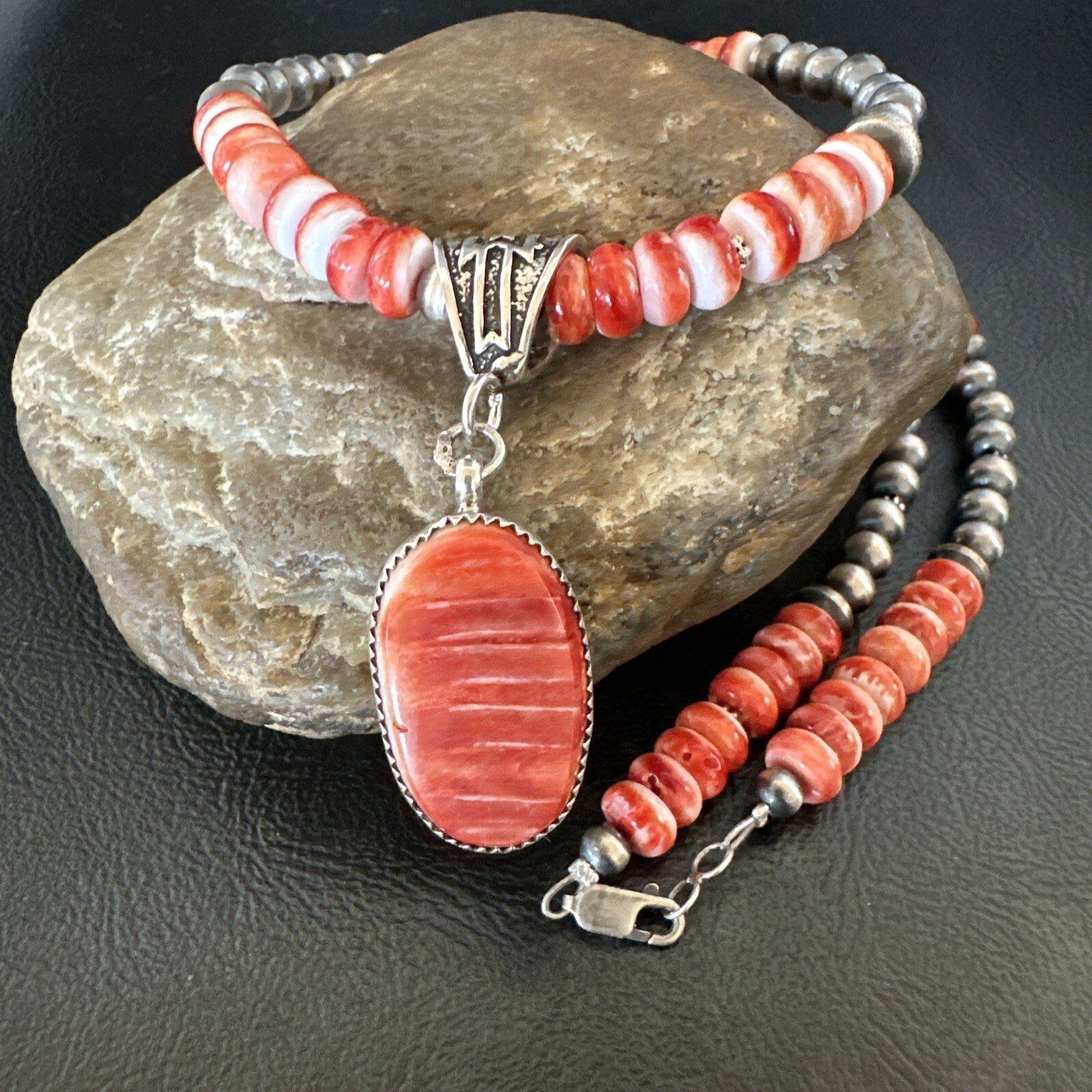 Navajo Pearls Sterling Silver Necklace Red Spiny Oyster Pendant 22" 18265