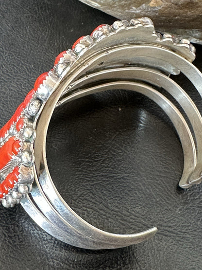 Mens Womens Red Coral Navajo Sterling Silver Cluster Cuff Bracelet 7.25" 19426