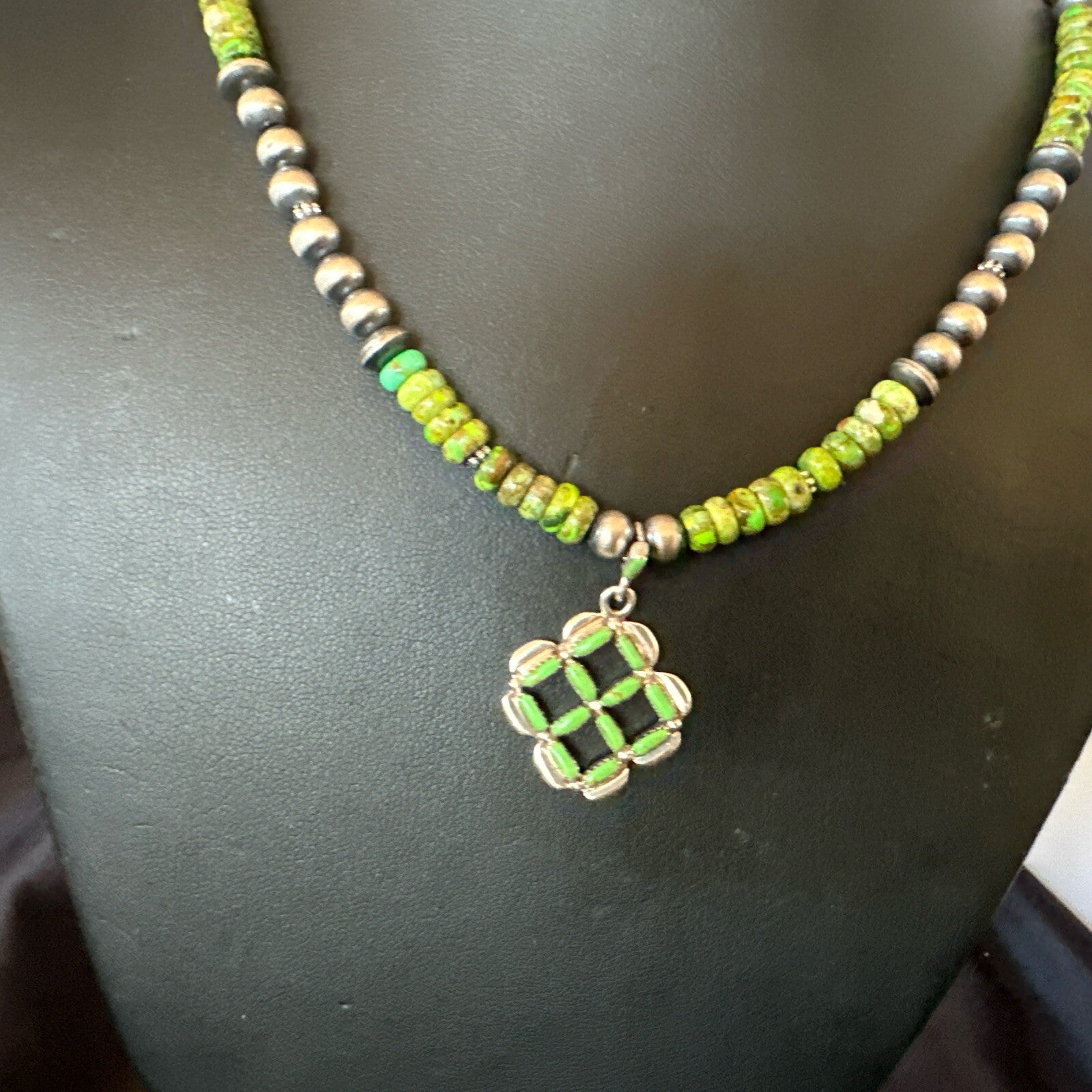 Womens Green Gaspeite Turquoise Pendant Navajo Sterling Silver Necklace 18370