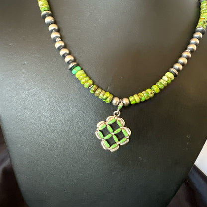 Womens Green Gaspeite Turquoise Pendant Navajo Sterling Silver Necklace 18370