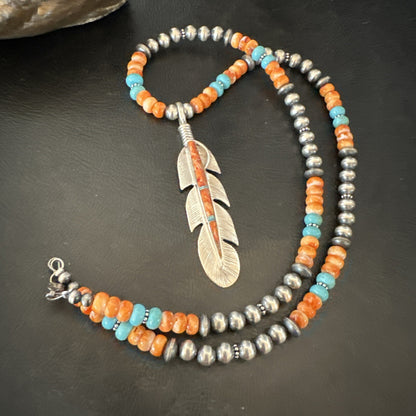 Feather Orange Spiny Opal Pendant Sterling Silver Turquoise Necklace 21” 18672