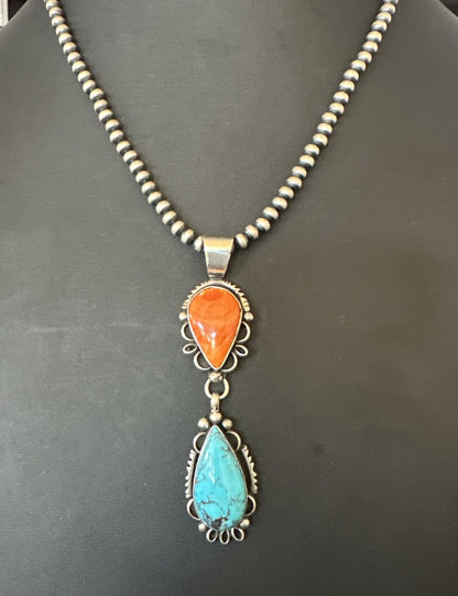 Multicolor Turquoise Spiny Navajo Sterling Silver Cluster Pendant Necklace 19558