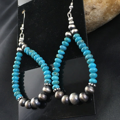 Blue Turquoise Bead Sterling Silver Beads Navajo Earrings 1.75" 1971