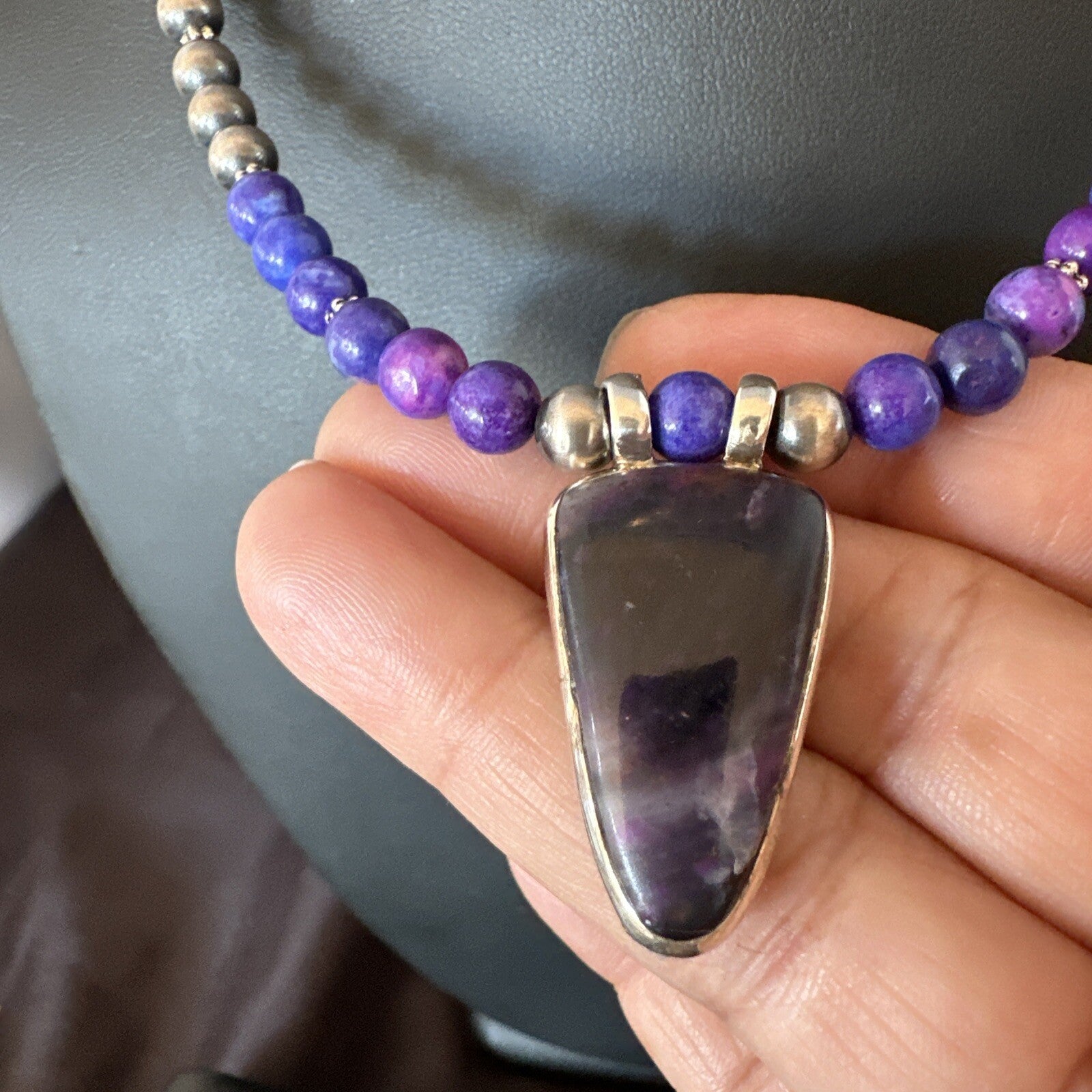 Purple Stone Pendant Navajo Pearls Sterling Silver Necklace 22” 18294