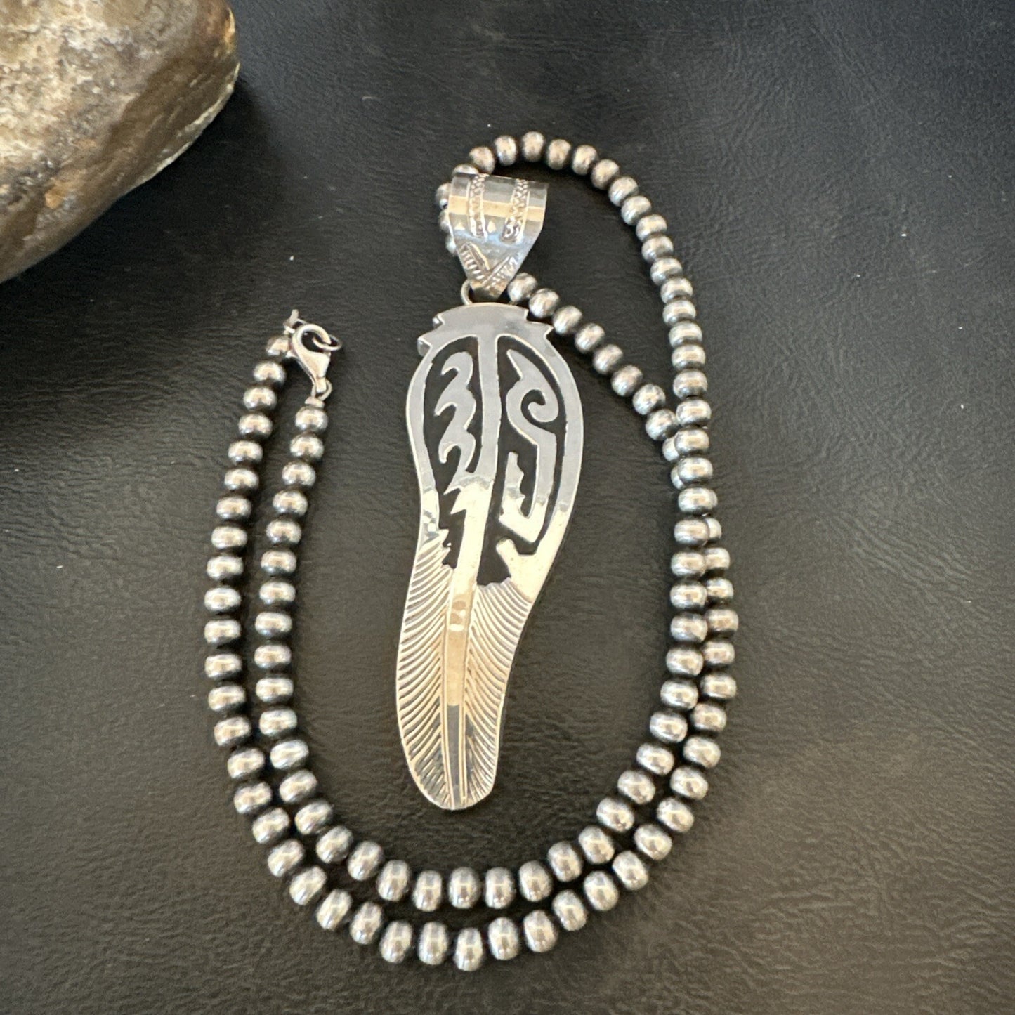 Mens Feather Navajo Sterling Silver Necklace Pendant 18578