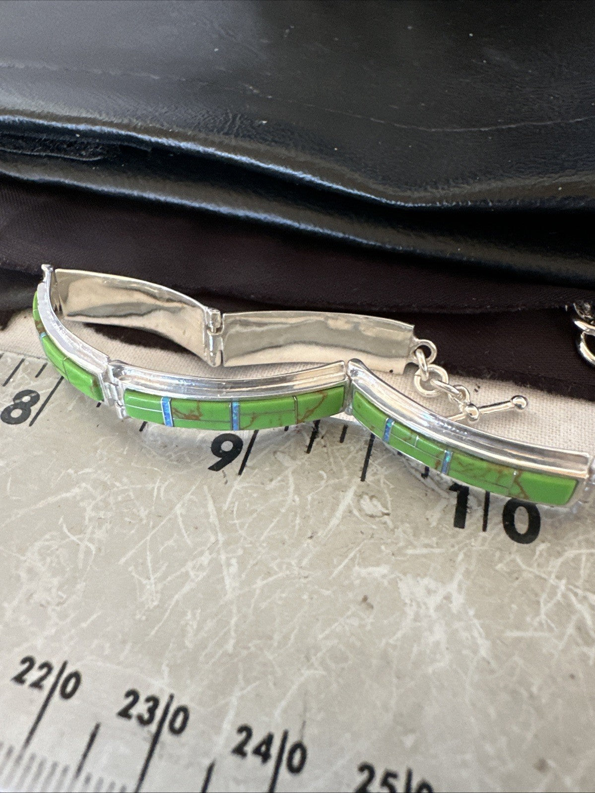 Womens Green Gaspeite Inlay Link Bracelet 7.5” Sterling Silver 19152