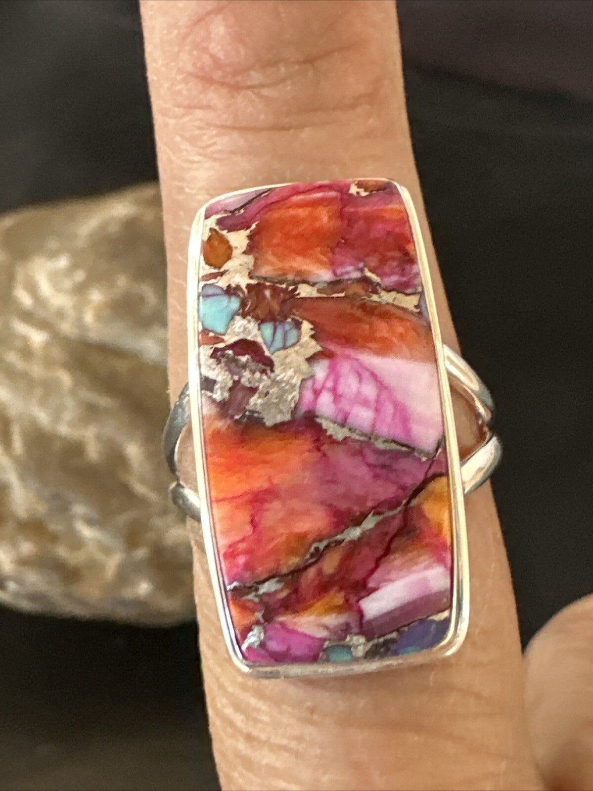 Blue Turquoise Spiny Oyster Southwestern Sterling Silver Ring Size 8 18485