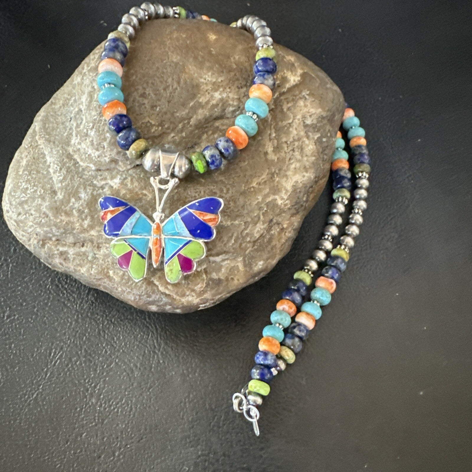 Butterfly Multicolor Turquoise Pendant Navajo Sterling Silver Necklace 18729