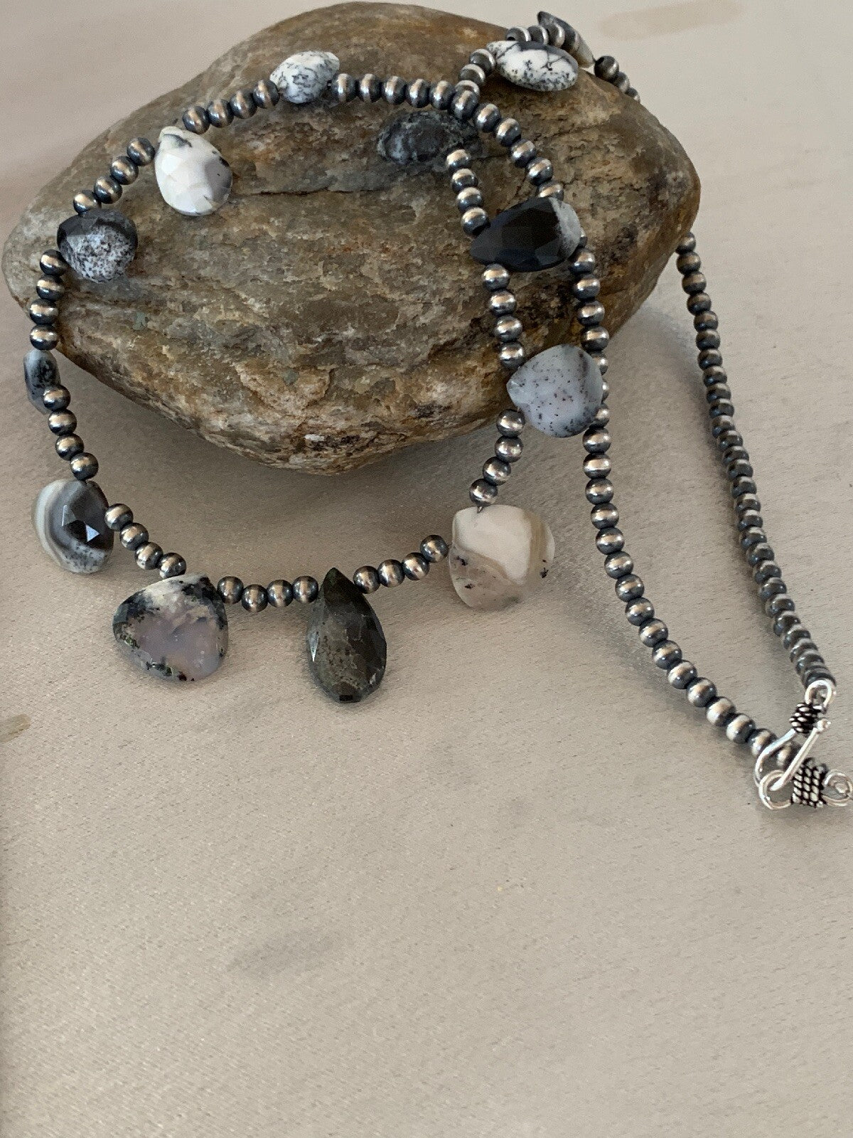 Black Rutile Opal Pear Shaped Navajo Pearls Sterling Silver Necklace 4088