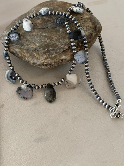 Black Rutile Opal Pear Shaped Navajo Pearls Sterling Silver Necklace 4088