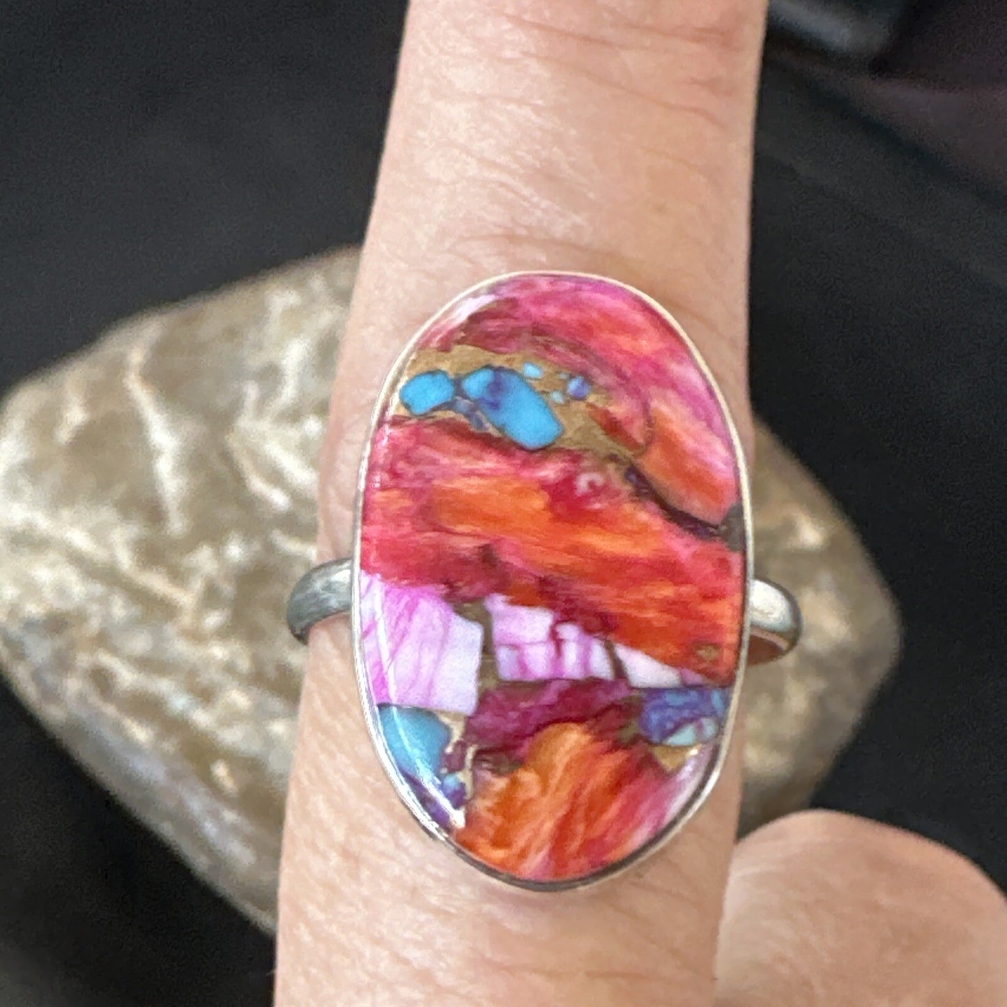 Blue Turquoise Spiny Oyster Southwestern Sterling Silver Ring Size 11 18447