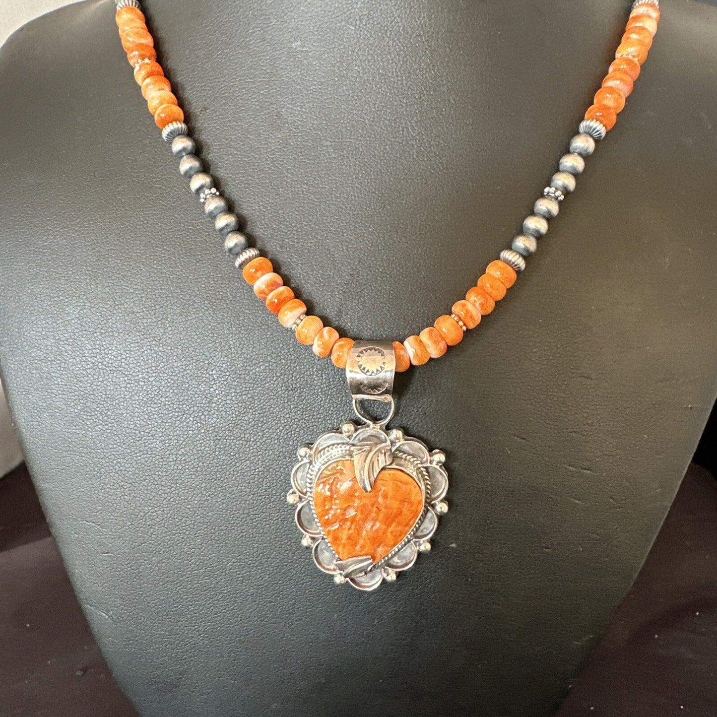 Orange Spiny Oyster Heart Pendant Navajo Sterling Silver Necklace Halloween16293