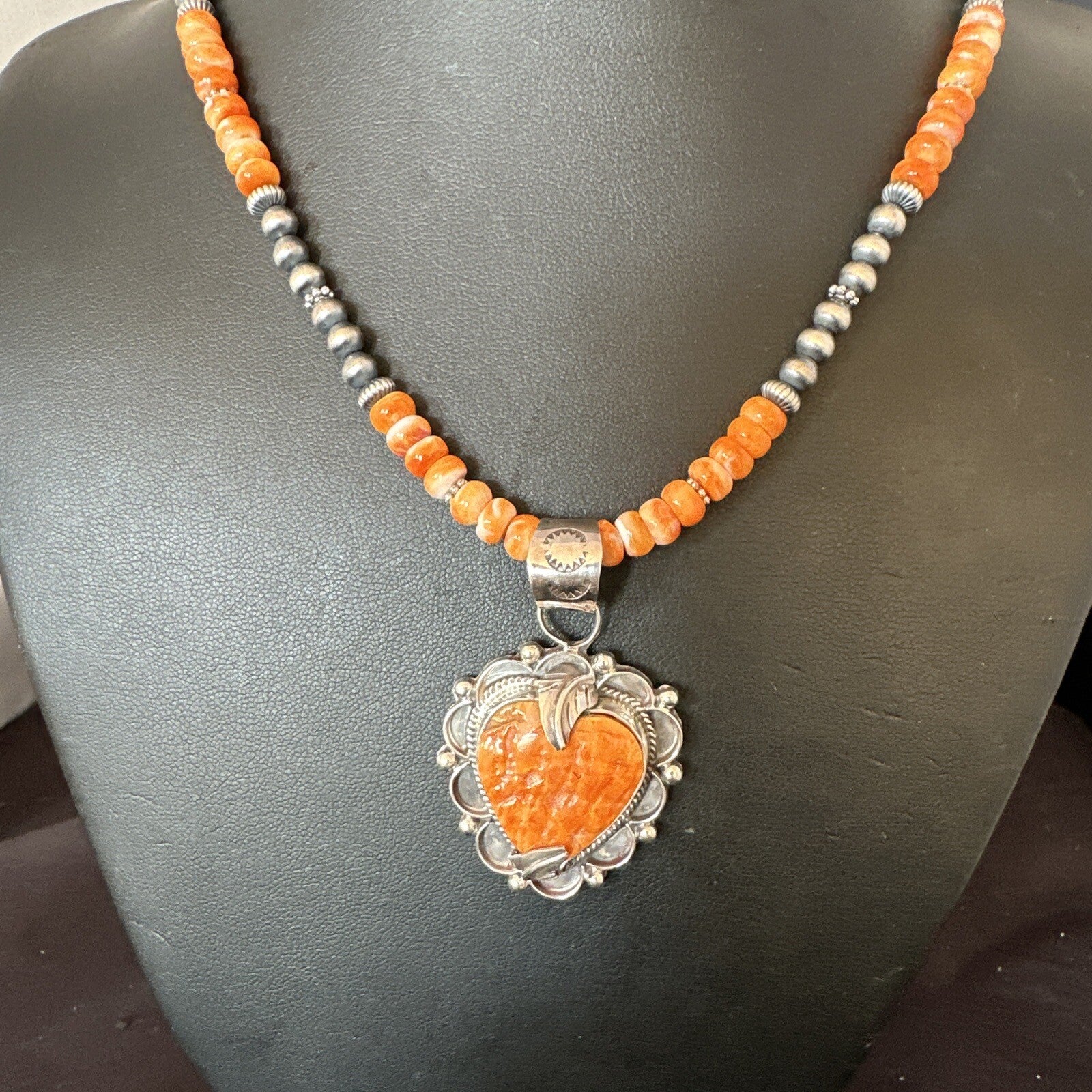 Orange Spiny Oyster Heart Pendant Navajo Sterling Silver Necklace Halloween16293