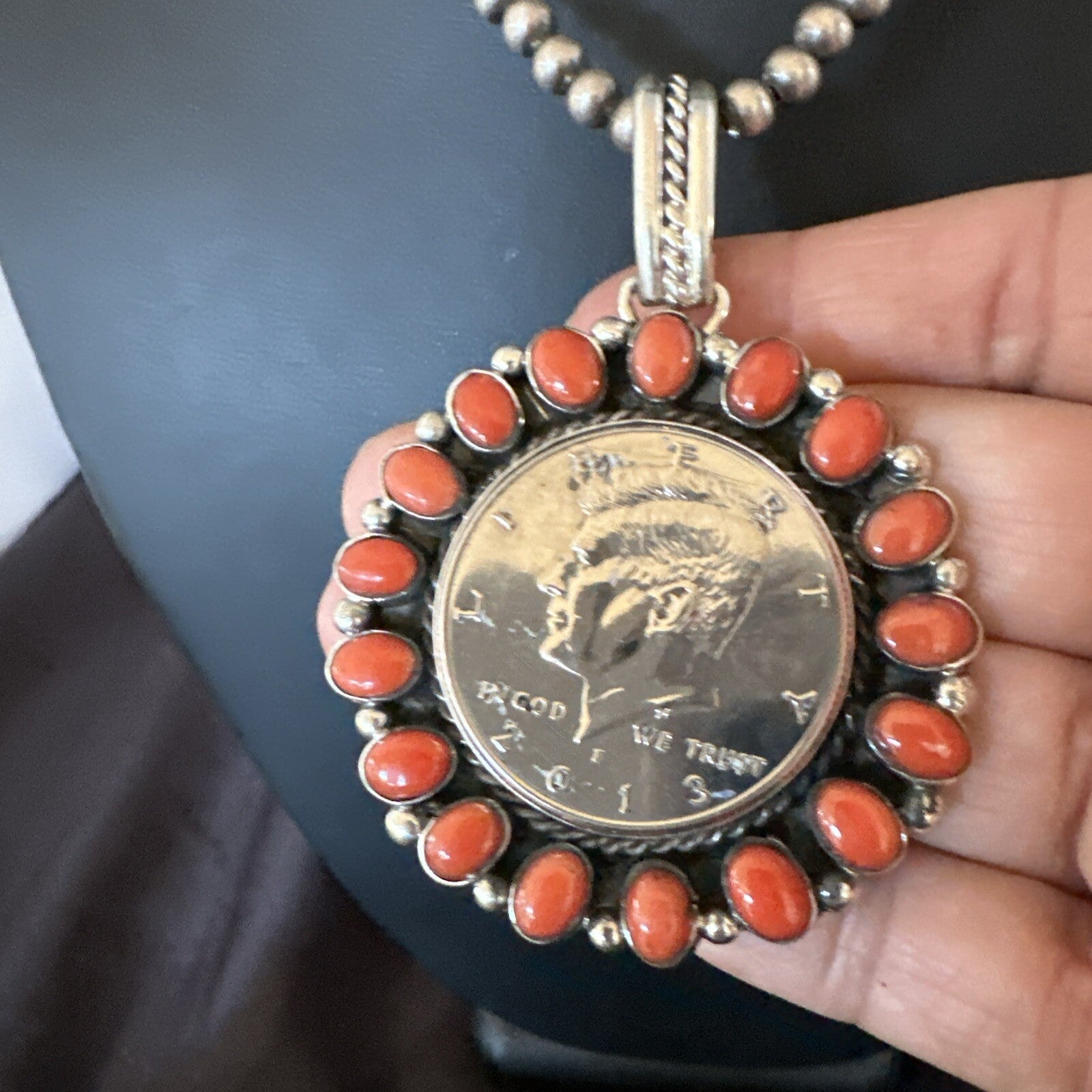 Coin Pendant Red Spiny Oyster Turquoise Navajo Sterling Silver Necklace 17925