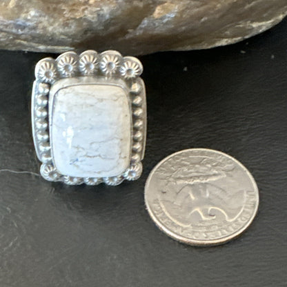 White Buffalo Turquoise Navajo Sterling Silver Ring Size 8 18776