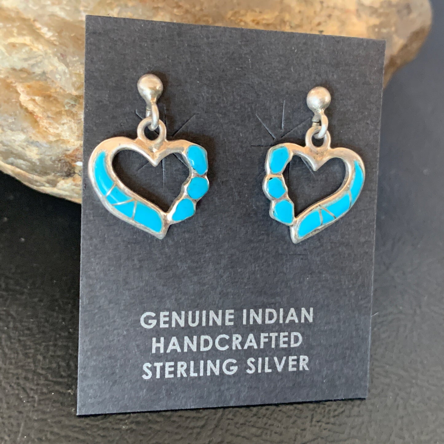 Blue Turquoise Heart Navajo Sterling Silver Dangle Post Earrings 0.5" 12717