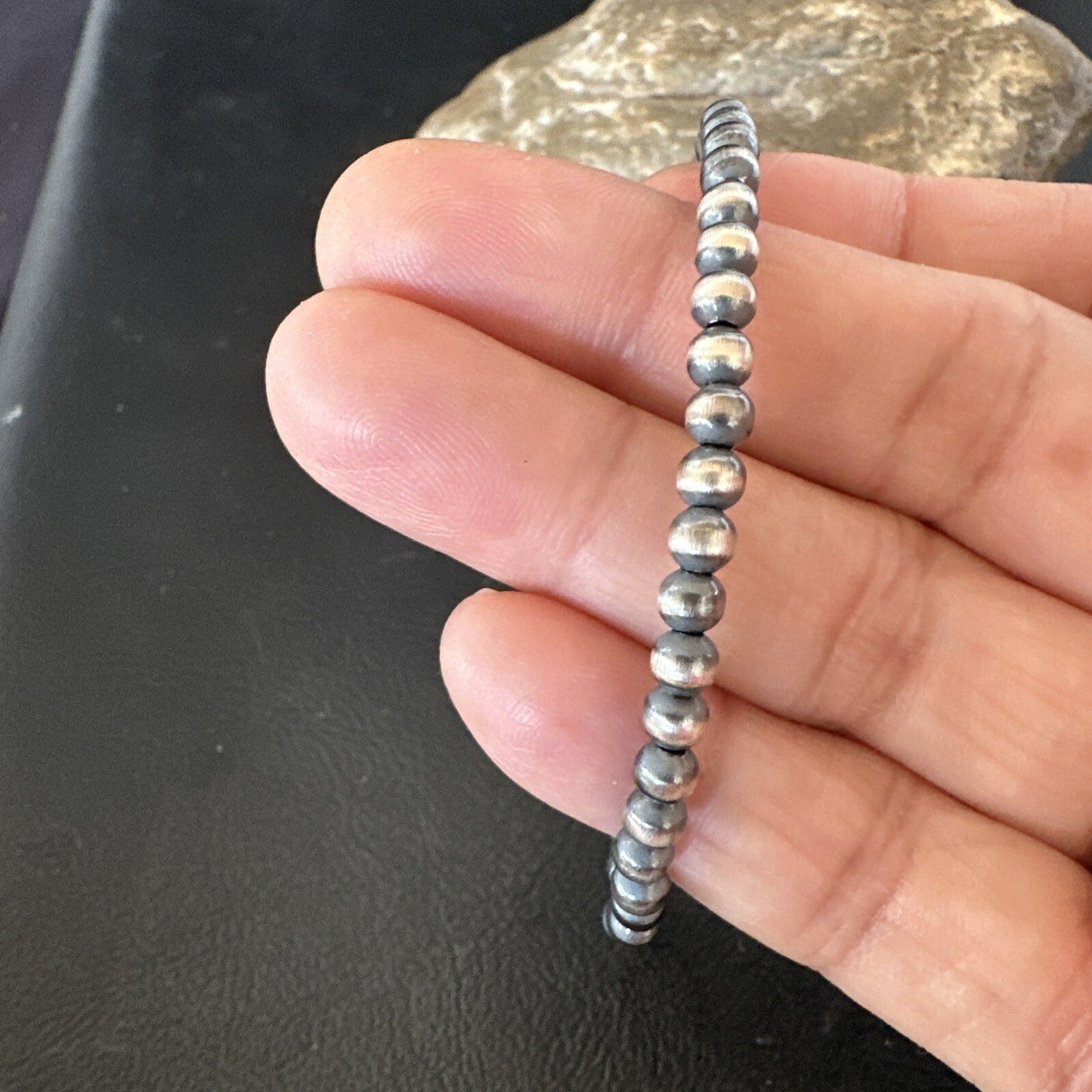 Native American Navajo 4mm Beads 8” Sterling Silver Bracelet 90408