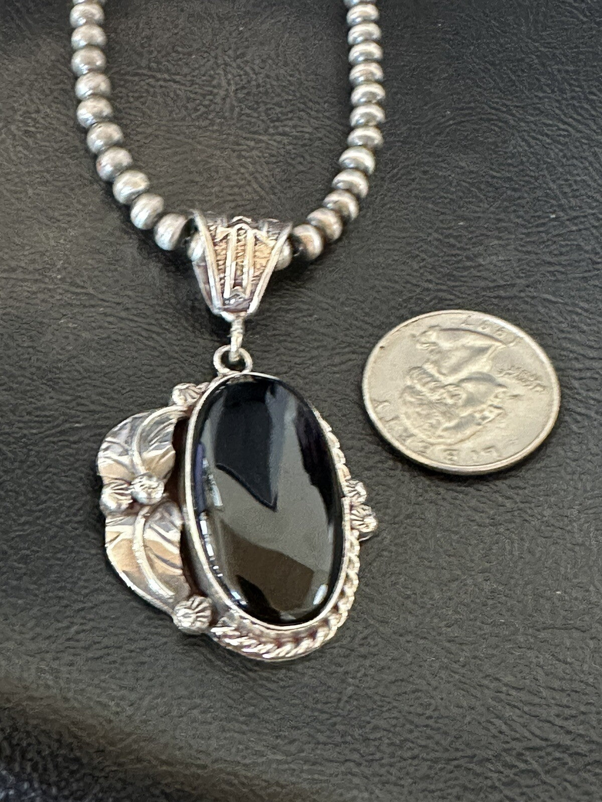 Mens Womens Black Onyx Pendant Navajo Sterling Silver Beads Necklace 18314