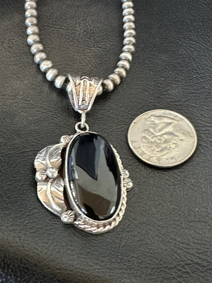 Mens Womens Black Onyx Pendant Navajo Sterling Silver Beads Necklace 18314