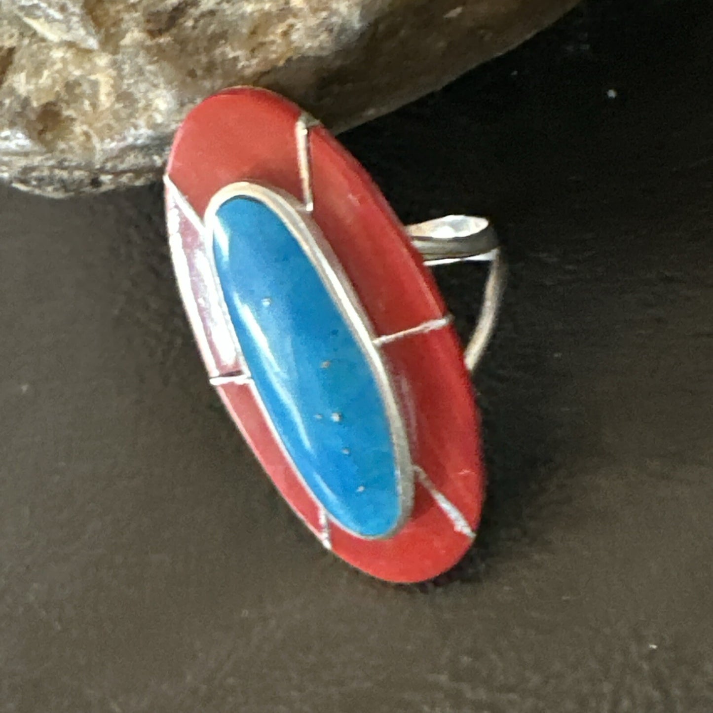 Blue Turquoise Coral Navajo Sterling Silver Ring Size 7.5 18767