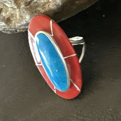 Blue Turquoise Coral Navajo Sterling Silver Ring Size 7.5 18767