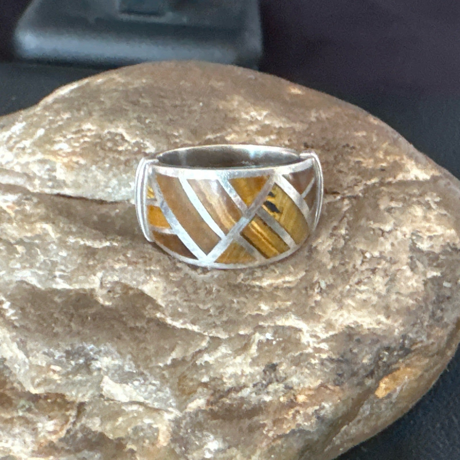 Women Coffee Tigers Eye Navajo Sterling Silver Inlay Ring Size 7 19036