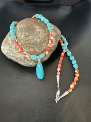 Red Spiny Oyster Blue Turquoise Navajo Necklace | Sterling Silver | Authentic Native American Handmade | 17954