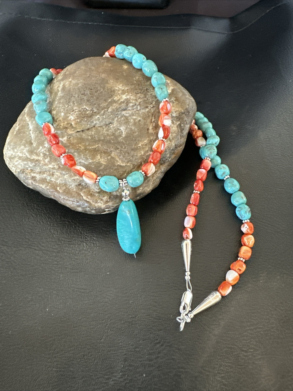 Red Spiny Oyster Blue Turquoise Navajo Sterling Silver Necklace 17954