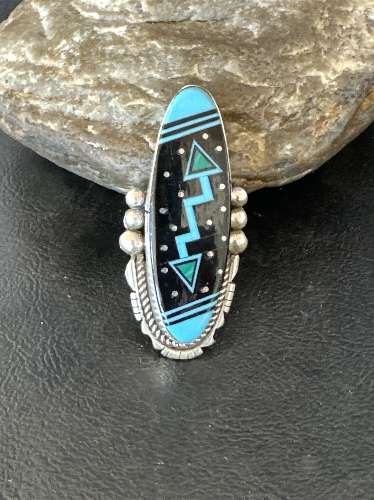 Cosmic Inlay Black Onyx Blue Turquoise Navajo Sterling Silver Ring Sz 9.5 19790